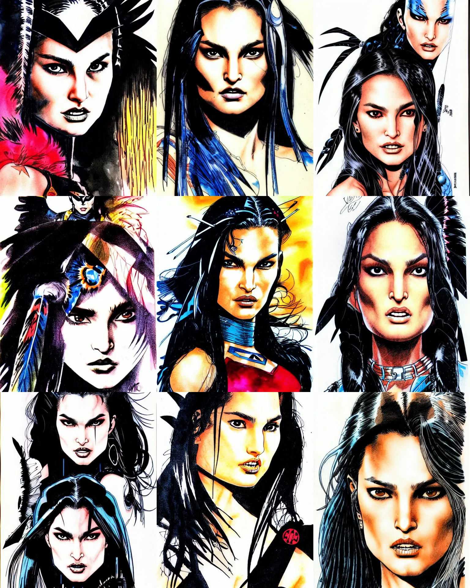 Prompt: jim lee!!! ink colorised airbrushed gouache sketch by jim lee close up headshot of angry native indian chinese natalie portman cindy crawford with black long hair in the style of jim lee, x - men superhero comic book character by jim lee