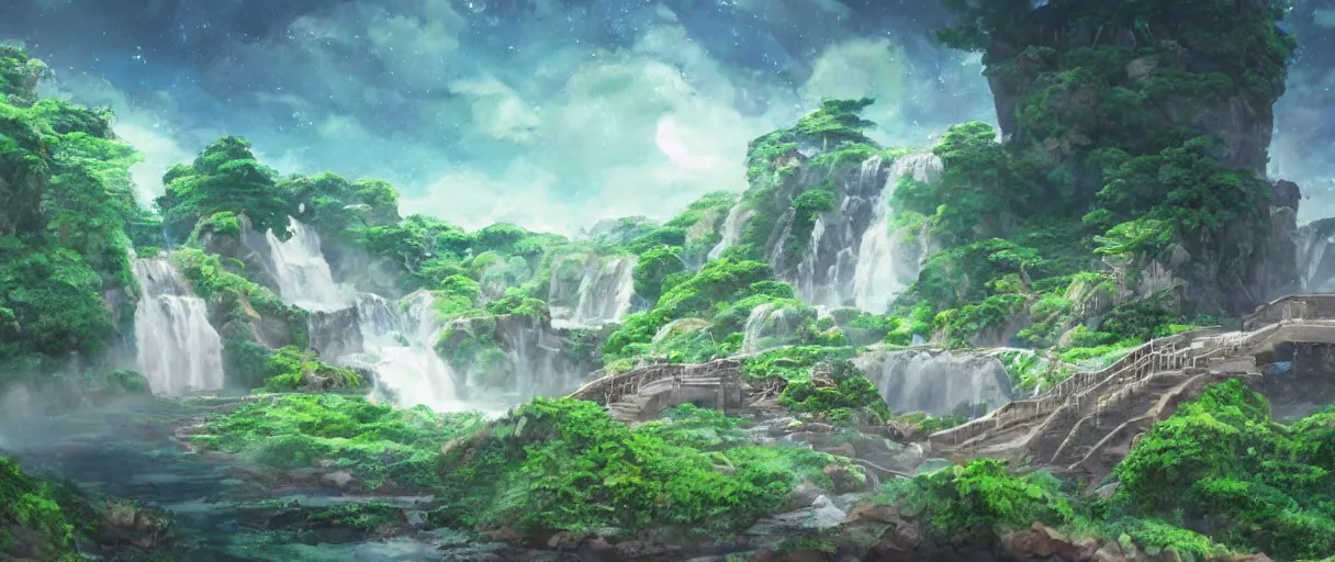 Image similar to a small crumbling island with waterfalls flowing off the island, floating in space, studio ghibli, digital art, detailed, depth of field