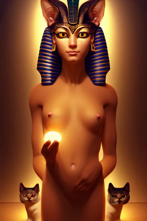 Image similar to softly lit portrait of the beautiful egyptian goddess, bastet, bast, woman / cat hybrid, soft torchlight in an egyptian tomb, digital art by ruan jia and mandy jurgens and artgerm and william - adolphe bouguereau, highly detailed, trending on artstation, award winning,