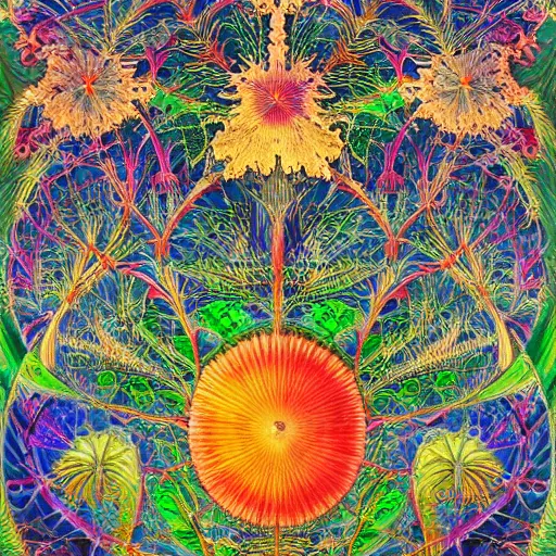 Image similar to colorful artwork by ernst haeckel with vividly fractured pixiv scenery art macroscopic imprints of ethereal plant illumination, put onto canvas