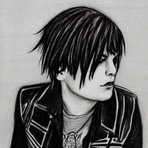 Prompt: A traditional drawing of Gerard Way in a style of emo/scene drawing, late 2000’s, low quality, trending on Deviantart