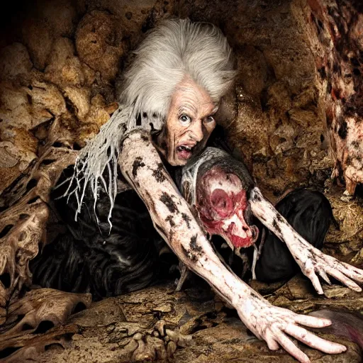 Prompt: an ultra realistic 8 k hdr photo of an elderly jagged raggedy witch woman crippled up and hunched over in a cave over a corpse with blood and meat and bones and mold and spider webs in the year 1 4 0 0