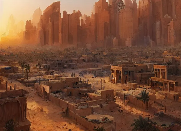 Prompt: Trader's City Kvar. Middle eastern buildings in the desert. Oasis. Colorful tapestries. a fantasy digital painting by Greg Rutkowski and James Gurney, trending on Artstation, highly detailed