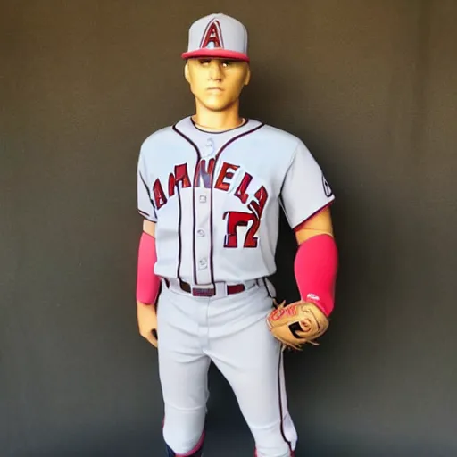Image similar to “a realistic detailed photo of a guy who is an attractive humanoid who is half robot and half humanoid, who is a male android, baseball player Mike Trout, shiny skin, posing like a statue, blank stare, on the baseball field, on display”