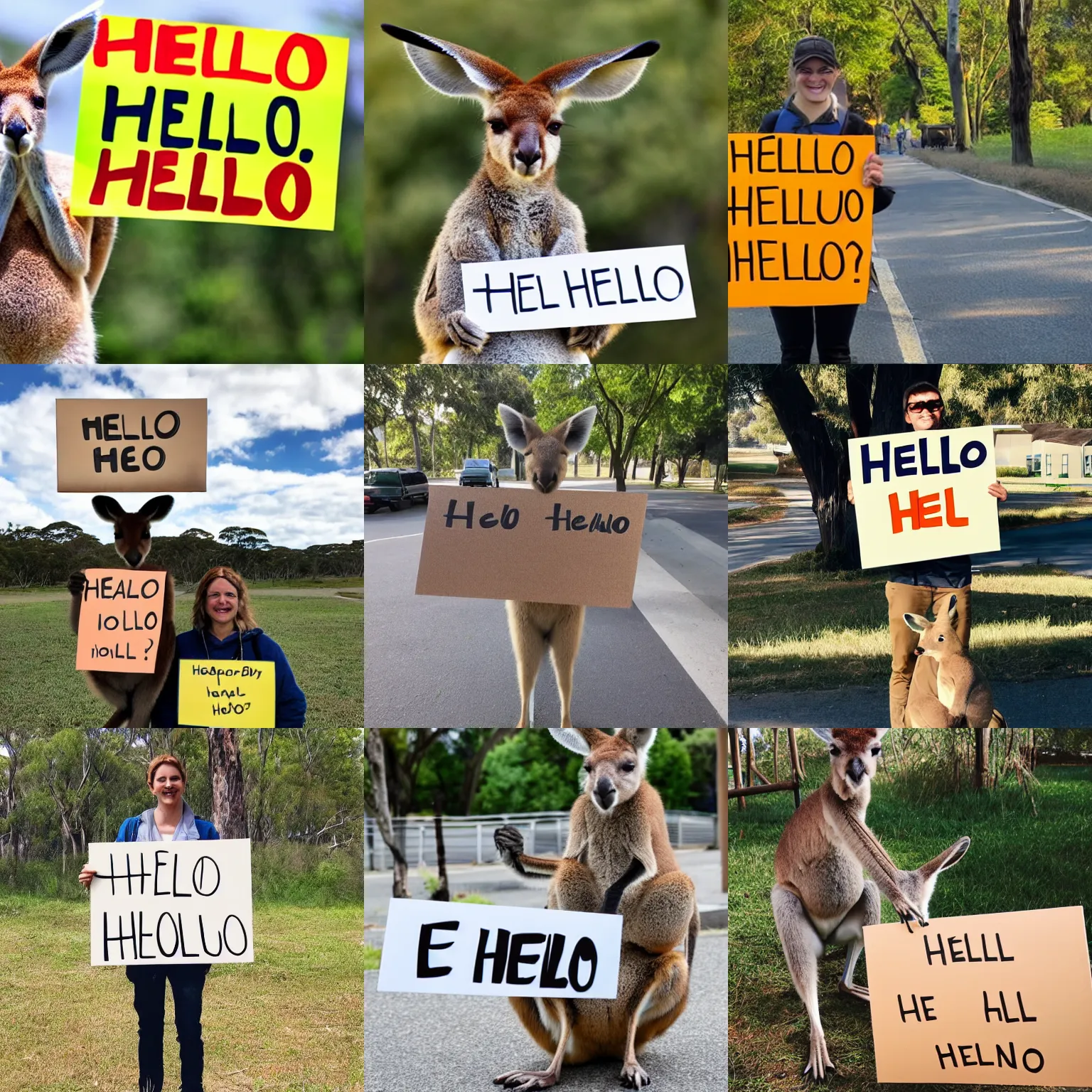 Prompt: a kangaroo holding a sign that says hello