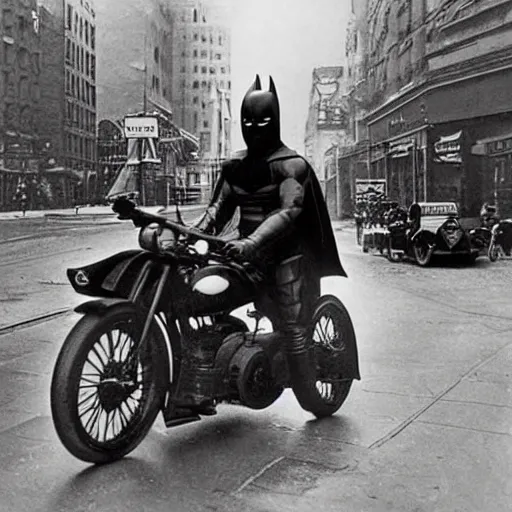 Prompt: old black and white photo, 1 9 1 3, depicting batman on a motorcycle from dark knight rampaging through the bustling streets of new york city, rule of thirds, three - point perspective, historical record