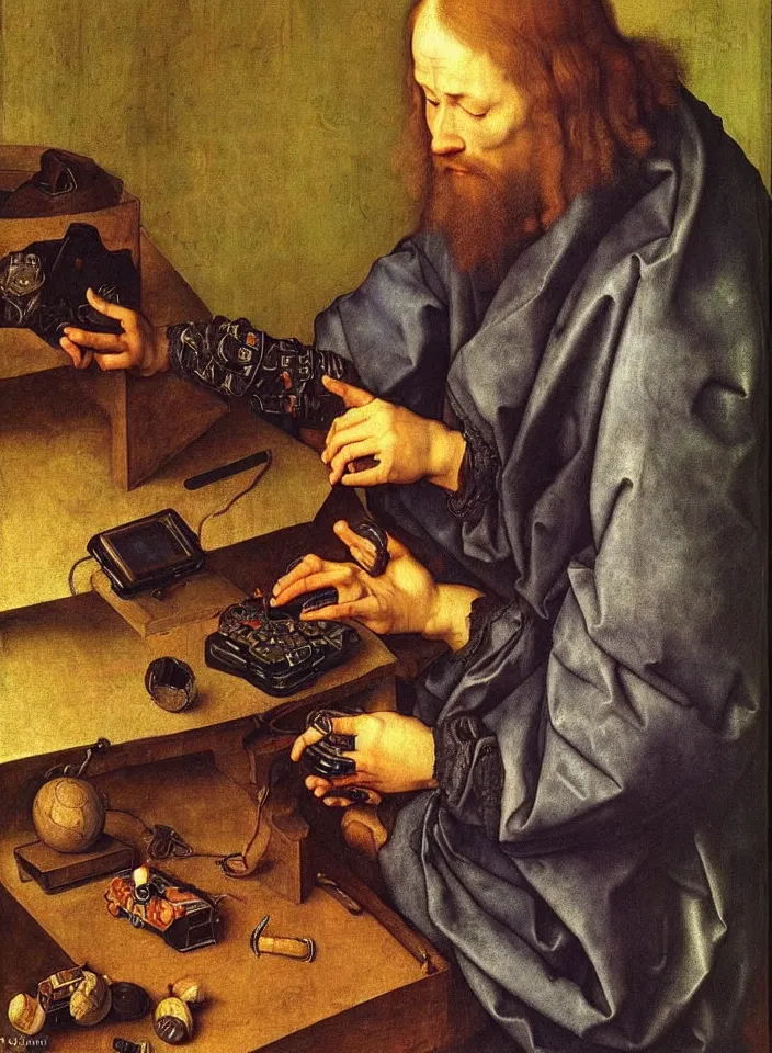 Image similar to Portrait of a man playing video games. Painting by Albrecht Dürer. Intricate details. hyper realism. Masterpiece.