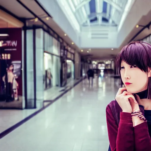 Image similar to a closeup portrait of woman walking in mall alone in style of 1990s, street photography seinen manga fashion edition, focus on face, eye contact, tilt shift style scene background, soft lighting, Kodak Portra 400, cinematic style, fish-eye lens, telephoto