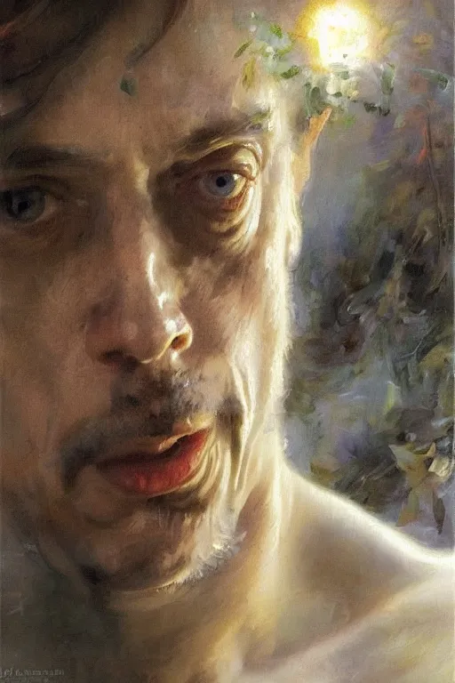 Image similar to beautiful detailed expressive impressionistic oil painting portrait of ancient roman god emperor steve buscemi levitating in angelic pose wearing the civic crown, art by anders zorn, wonderful masterpiece by greg rutkowski, expressive brush strokes, beautiful cinematic light, american romanticism by greg manchess, jessica rossier