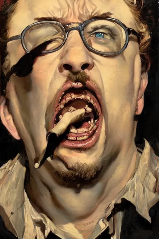 Image similar to ugly, bloated, red faced sam hyde, screaming, painting by jc leyendecker!! phil hale!, angular, brush strokes, painterly, vintage, crisp