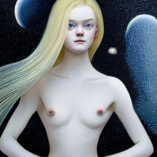 Prompt: Painting of Elle Fanning under a black sky filled with stars, long blonde hair, delicate, pale milky white porcelain skin, by Jean Giraud Moebius. 8K. Extremely detailed.