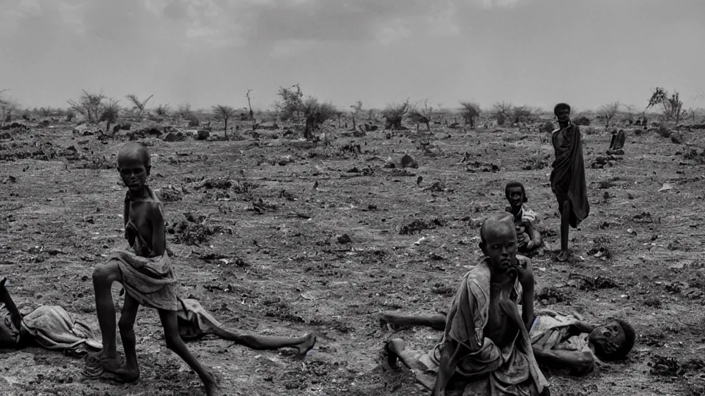 Image similar to 1984 Ethiopian famine and drought, moody and dark movie scene, illustrative, hd, 4k, wide shot