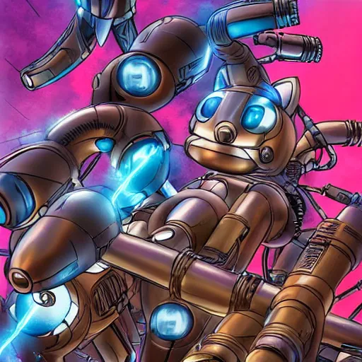 Prompt: atomic powered cybernetic squirrel farting lightning from his tail at an army of replicant robots, artists disney and jack kirby with marjorie liu and sana takeda