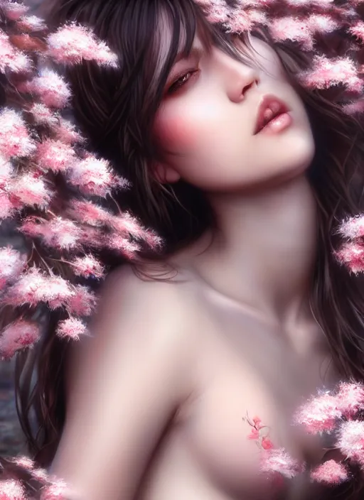 Image similar to photo of a gorgeous female with messy hair in the style of stefan kostic, realistic, body shot, sharp focus, 8 k high definition, insanely detailed, intricate, elegant, art by stanley lau and artgerm, cherry blossoms