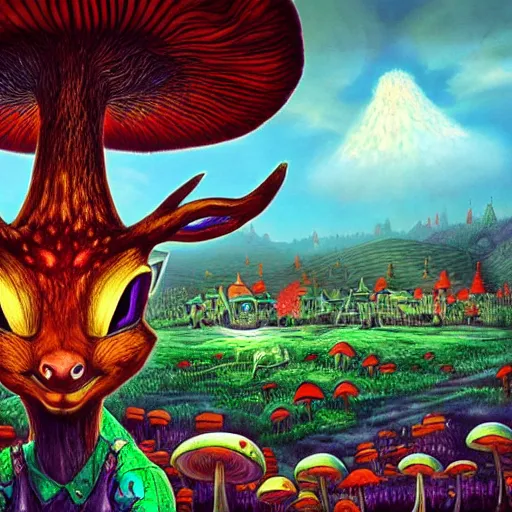 Image similar to 4 k headshot portrait of a psychedelic demonic anthropomorphic deer with mushroom themed clothes, magic mushroom village in background by jeff easley, award winning, stylized neon, post - processing, masterpiece, superb resolution. in the art style of junji ito and greg rutkowski. detailed mushroom city in background. hyper realistic anime. perfect art. dalle 2