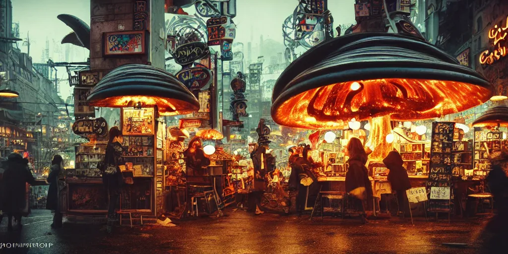 Image similar to a lively and whimsical dark fungal pawn shop, white haired skesis girls, cinematic framing, wide angle, rain lit, kawaii shop grows out from the stalk of a giant mushroom, cgsociety, siggraph, dystopian scifi, set design, oleg oprisco, conrad roset, anka zhuravleva, gediminas pranckevicius, cornell, kawasaki