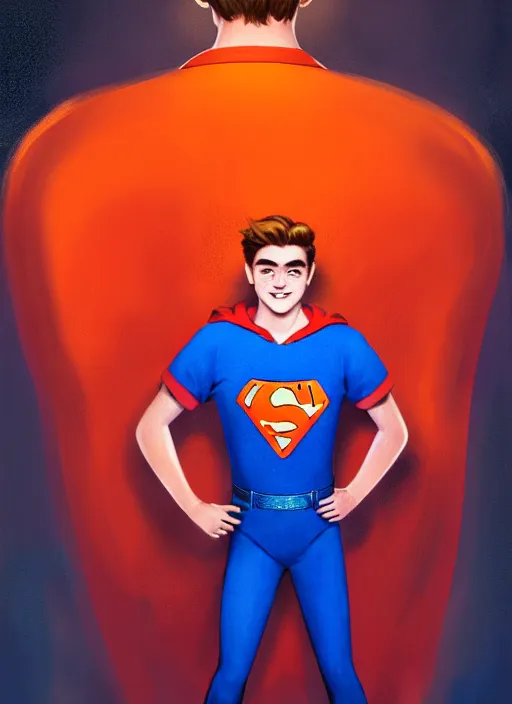 Image similar to friendly teenage archie andrews wearing an orange superhero costume with heart logo, heart, freckles, blue cape, heart emblem on chest, blue cape, intricate, elegant, glowing lights, highly detailed, digital painting, artstation, sharp focus, illustration, art by wlop, mars ravelo and greg rutkowski