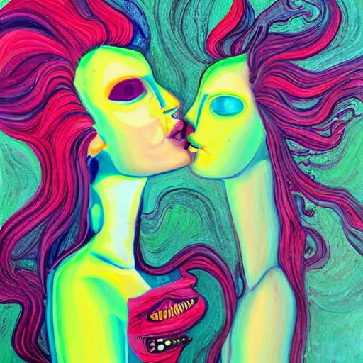 Image similar to expressive painting by francesca sundsten of two bizarre psychedelic femme creatures kissing each other closeup. they are growing out of an alien landscape. speculative evolution, exobiology