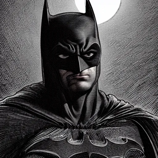 Prompt: closeup portrait of batman, realistic portrait, dramatic lighting, city background, moon, high detail, chiaroscuro, illustration by gustave dore