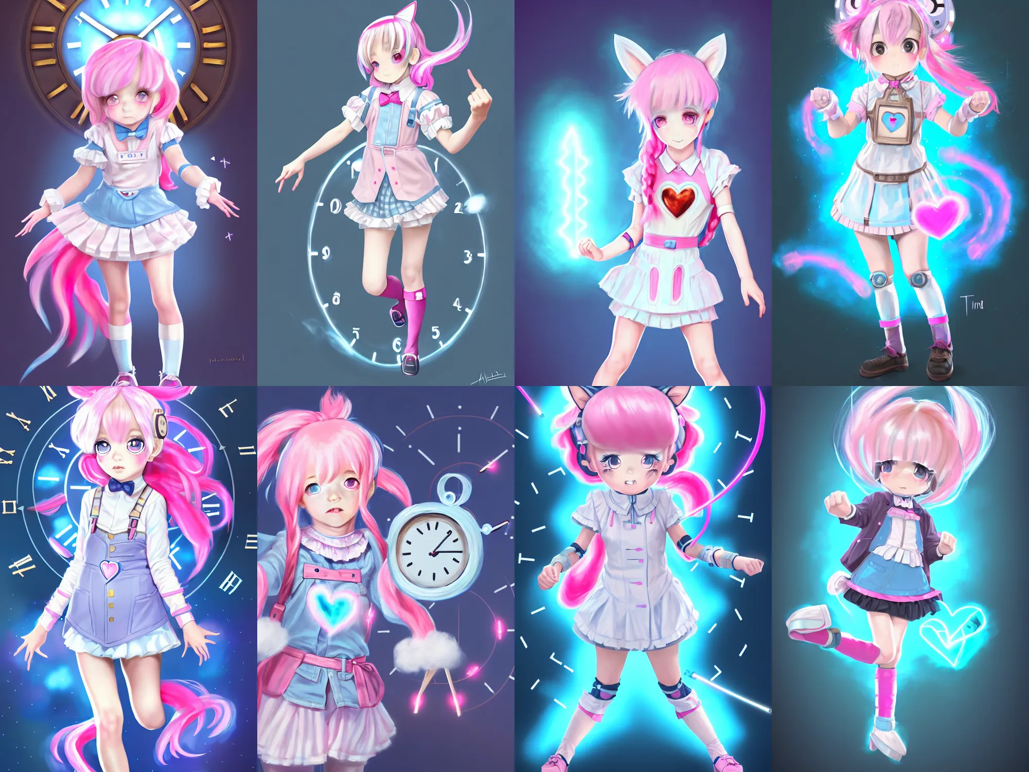 Prompt: Time traveler, small loli girl, with pointy ears, detailed face, light-blue eyes, cotton candy-like pink hair with low heart-shaped drills, wearing a time traveler outfit clock style semi steampunk matching design, in a fighting stance, digital painting, artstation, concept art, soft light, hdri, smooth, sharp focus, illustration, Mihoyo Art style, visual novel sprite