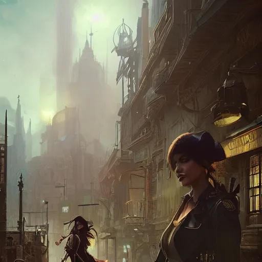 Prompt: a photograph of an attractive women in a steampunk city by greg rutkowski, sung choi, mitchell mohrhauser, maciej kuciara, johnson ting, maxim verehin, peter konig, 8 k photorealistic, cinematic lighting, hd, high details, dramatic, dark atmosphere, trending on artstation