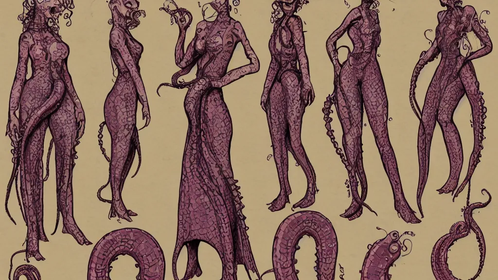 Image similar to aged paper, colorful character sheet for a stocky alien extraterrestrial female servant maid with thick snake - like tentacles instead of hair, long dress with apron, retrofuture, valerian, moebius, coherent, illustration, digital art, trending on artstation, hd, 8 k, good lighting, beautiful, rough paper, masterpiece