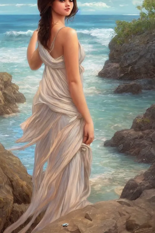 Prompt: beautiful cottagecore selena gomez!!, standing in front of a beach, intricate, stunning, highly detailed, digital painting, artstation, concept art, smooth, sharp, focus, illustration, art by artgerm and greg rutkowski and alphonse mucha