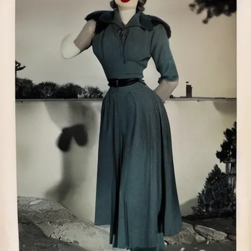 Image similar to a vintage 1 9 4 0 s kodachrome photograph of a avent - gard fashion haute couture collection winter traveling outfit ensemble inspired by the greek muse, erato.