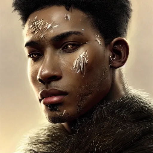 Image similar to portrait painting of a beautiful black man with cut scars and cropped hair wearing a tattered fur coat, ultra realistic, concept art, intricate details, eerie, highly detailed, photorealistic, octane render, 8 k, unreal engine. art by artgerm and greg rutkowski and charlie bowater and magali villeneuve and alphonse mucha