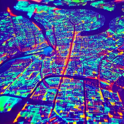 Image similar to an aerial view of a city at night, a microscopic photo by lisa frank, instagram contest winner, maximalism, glowing lights, vivid colors, circuitry