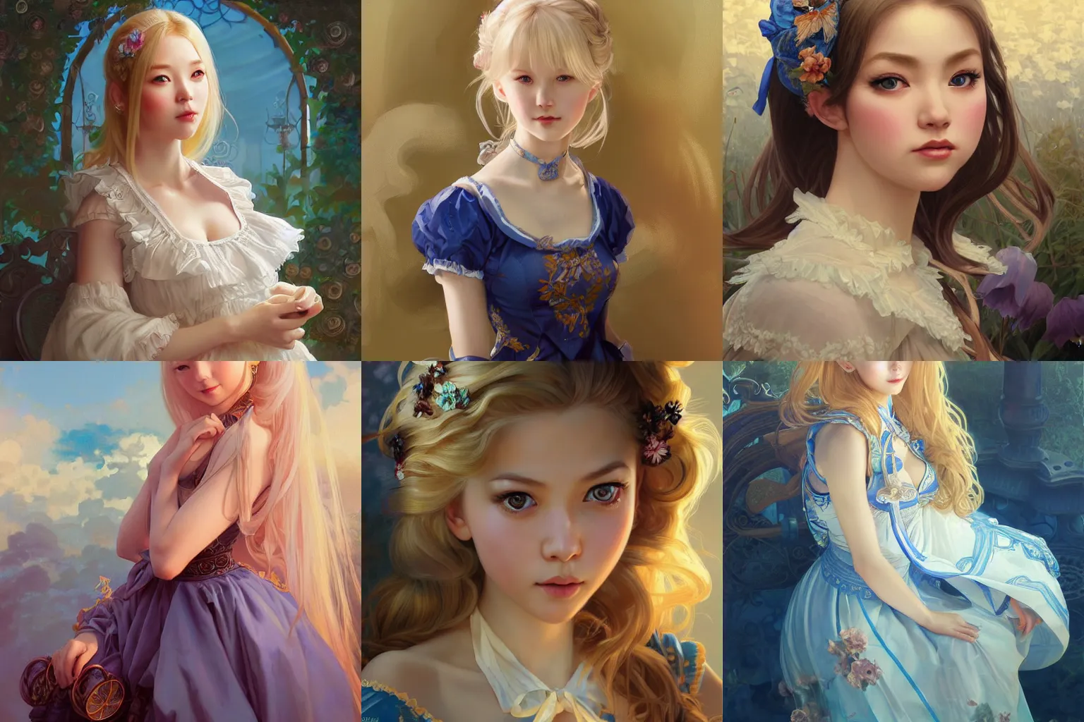 Prompt: portrait of a cute asian-european blonde girl with big blue eyes wearing a lolita dress, fantasy, intricate, elegant, highly detailed, digital painting, artstation, concept art, smooth, sharp focus, illustration, art by artgerm and greg rutkowski and alphonse mucha