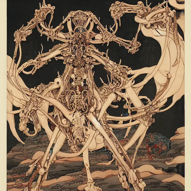 Image similar to still frame from Prometheus by Utagawa Kuniyoshi, Ossiarch Bonereaper ornate bone cyborg god emanating death and power by Wayne Barlowe by peter Mohrbacher by Giger, dressed by Alexander McQueen and by Neri Oxman, metal couture hate couture editorial