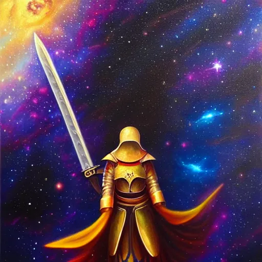 Image similar to facing the darkness with a sword in hand, galactic nebular astral realm sacred journey in oil painting, trending on artstation, award winning, emotional, highly detailed surrealist art
