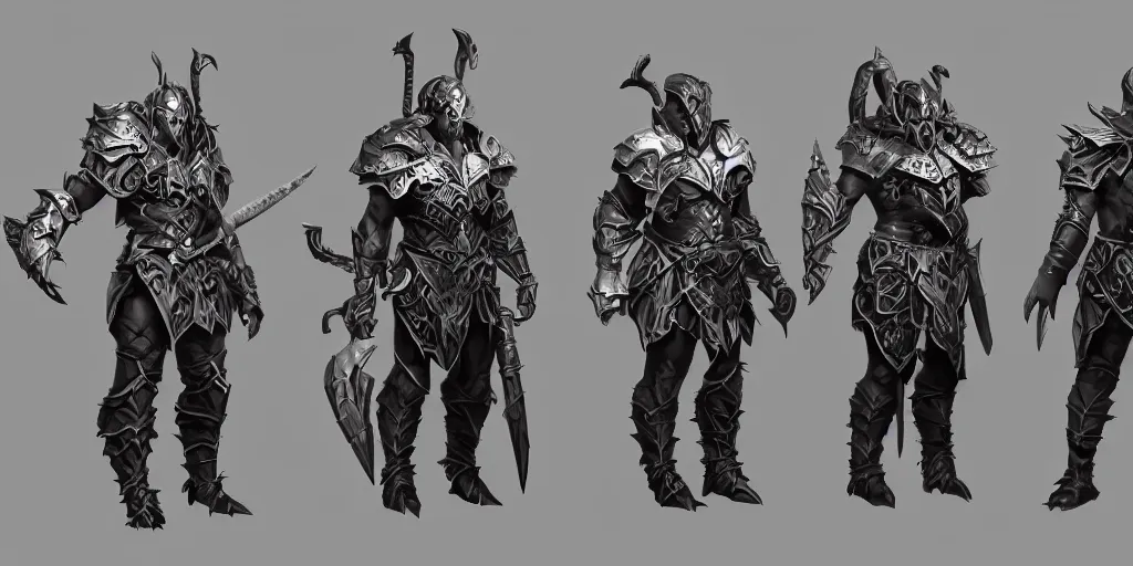 Image similar to ! dream three different views of a tough and intimidating barbarian armor, concept art by senior character artist, trending on artstation, artstation hd, full body