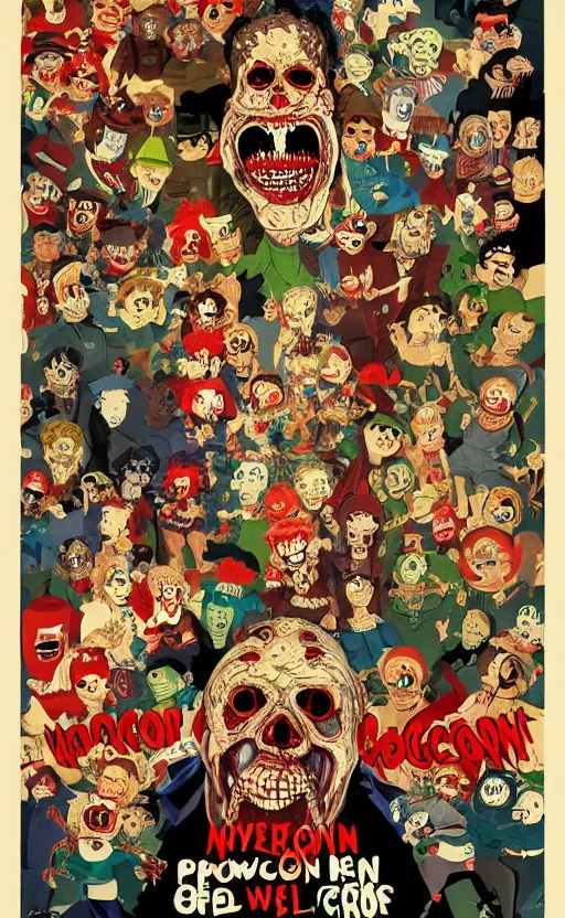 Prompt: cursed with necronomicon horrorcore cel animation poster depicting gory waldo eating the deceased power puff girls, intricate faces, metropolis, 1 9 5 0 s movie poster, post - processing, vector art