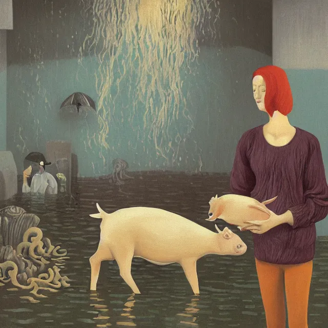 Image similar to tall female emo artist holding a pig in her flooded apartment, mushrooms, octopus, water gushing from ceiling, painting of flood waters inside an artist's apartment, a river flooding indoors, pomegranates, pigs, ikebana, zen, river, rapids, waterfall, black swans, canoe, berries, acrylic on canvas, surrealist, by magritte and monet