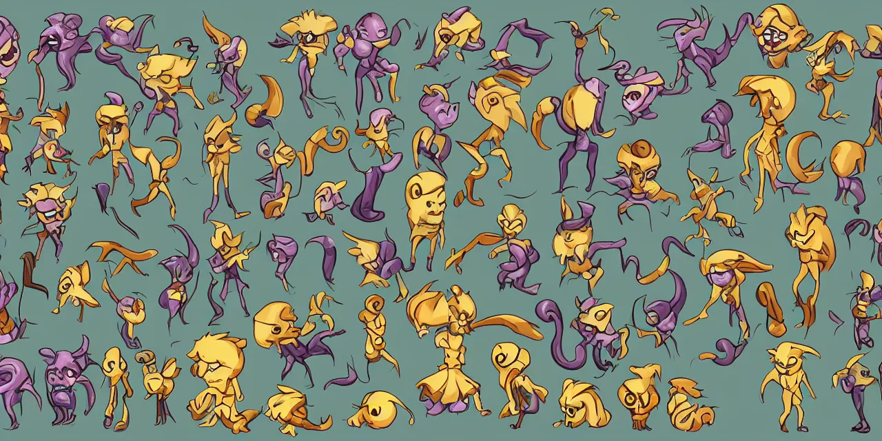 Prompt: game asset sheet, 2 d sprite, art deco era chibi monsters cute lovable tricksters