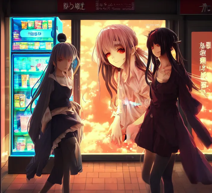 Prompt: Two beautiful anime women, standing in front of a vending machine outside of a Japanese convenience store, in a narrow Tokyo alleyway, gorgeous sunlight and shadows, D&D, fantasy, highly detailed, digital painting, artstation, concept art, sharp focus, illustration, in style of GUWEIZ and WLOP and NIXEU and Craig Mullins