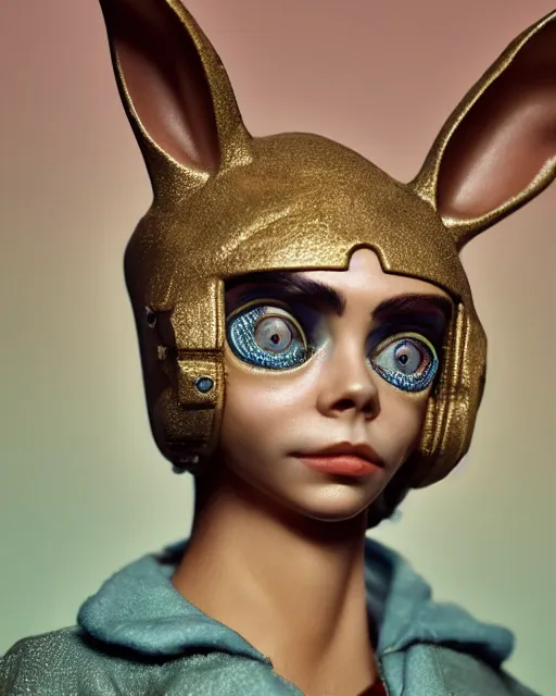 Prompt: closeup face profile portrait of cara delevingne as a tin toy soviet chernobyl space rabbit, bikini, depth of field, zeiss lens, detailed and intricate environment, fashion photoshoot by nicoletta ceccoli, mark ryden, lostfish, breathtaking, 8 k resolution, artistic, hyperrealistic, octane render