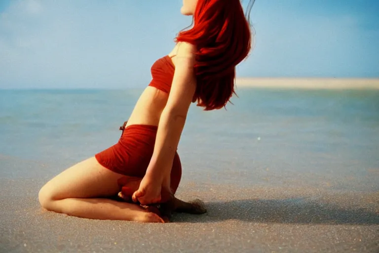 Image similar to 35mm color lomography, beautiful ideal sensual tender redhead woman, on the lonely beach