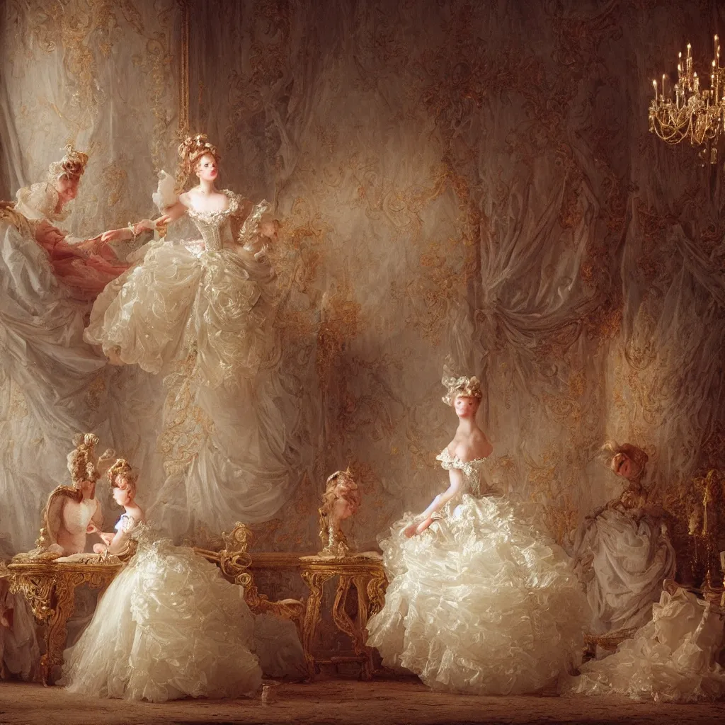 Image similar to cinderella, palace dance, dress in the style of rococo, dreamy, romantic, night lighting, highly detailed, fashion editorial by jean - honore fragonard, 8 k