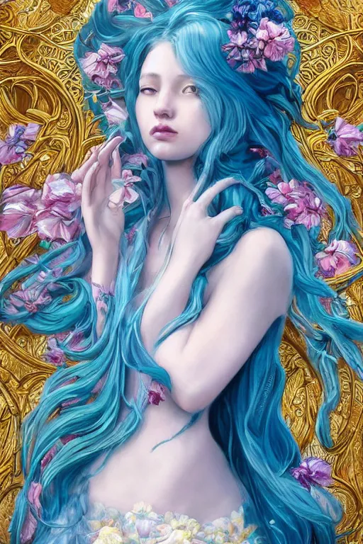 Image similar to breathtaking detailed painting by pilyeon and teffish on artstation, a full shot queen with long flowing bright blue hair, gauze dress and pastel flowers petals and golden tumultuous clouds, symmetrical facial features, at dawn in front of a pristine golden art nouveau cathedral, elegant, highly detailed, artstation, concept art, matte, sharp focus,