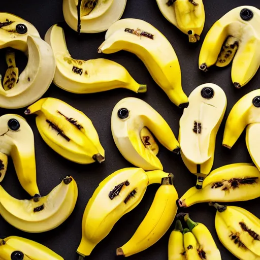 Image similar to professional photograph of banana ducks, peeled bananas with googly eyes and duck beaks