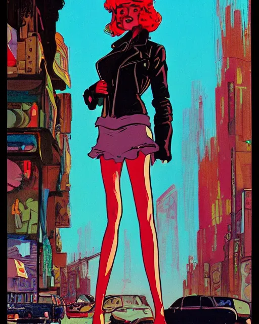 Image similar to young female protagonist in leather jacket, city street, artwork by ralph bakshi