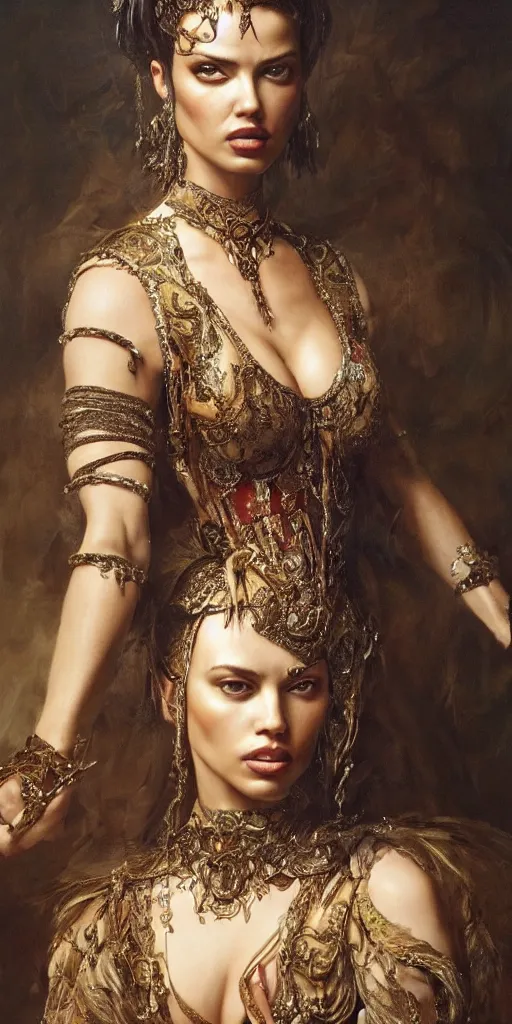 Image similar to the portrait of adriana lima as queen in intricate dress by roberto ferri, fantasy, witcher, very detailed oil painting, masterpiece, 8 k