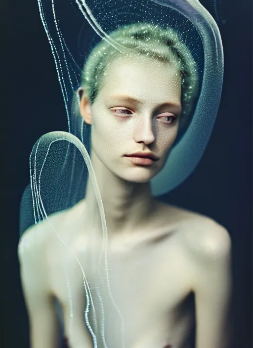 Prompt: Kodak Portra 400, 8K, soft light, volumetric lighting, highly detailed, britt marling style 3/4 , portrait photography of a beautiful woman by Paolo Roversi, face and body merging with jellyfishes, symbolic metamorphosis complex 3d render , 150 mm lens, art nouveau fashion embroidered,bust with intricate underwaters details, elegant, hyper realistic, ultra detailed, octane render, underwater soft colours, emotionally evoking, head in focus, fantasy, elegant, soft light, volumetric lighting, highly detailed, Refined, Highly Detailed, soft pastel lighting colors scheme, fine art photography, Hyper realistic, photo realistic