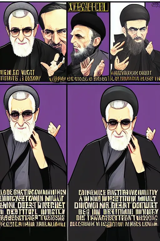 Image similar to khamenei, with quotes : destroy destroy america, pointing index finger, delete duplicating content, delete disable content, delete irregular content, hyperrealistic anatomy content, violet polsangi pop art, gta chinatown wars art style, extreme quality masterpiece, bioshock infinite art style, incrinate, 2 color, white frame, content balance proportion