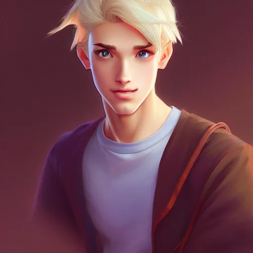 Image similar to young man with short, ash blond hair, path traced, highly detailed, high quality, digital painting, by don bluth and ross tran and studio ghibli and alphonse mucha, artgerm, 4 k, fantasy painting, pixar animation style, rossdraws, wlop, sylvain sarrailh