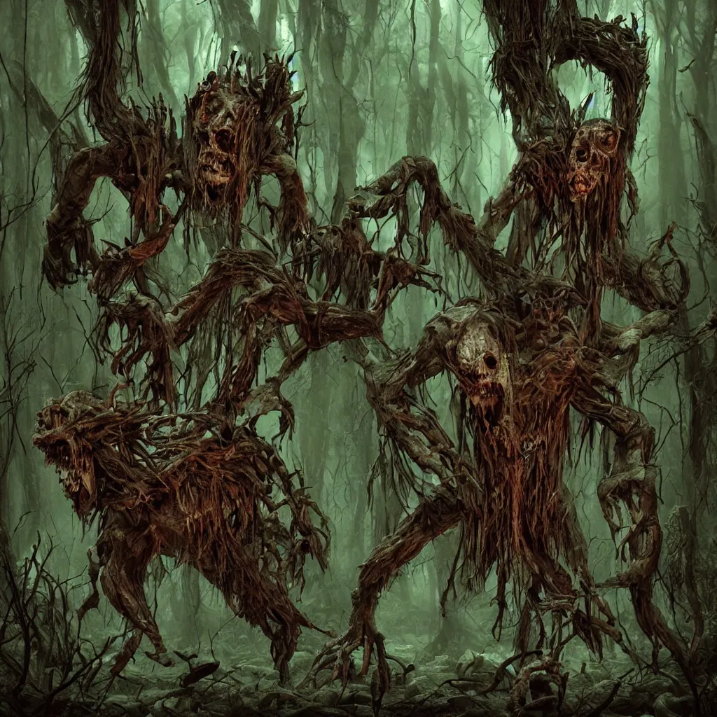 Prompt: dark forest, horrifying creatures, necromorph, horror