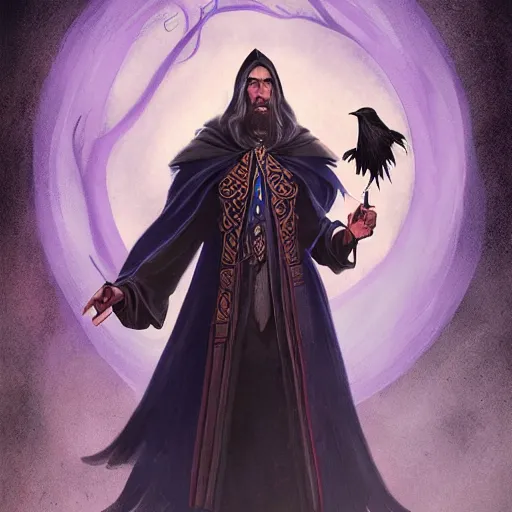 Prompt: Meneldas the Magnificent, a proud wizard with a raven familiar, 8k resolution, full-length portrait, digital painting, fantasy illustration by Brom, D&D Dark Sun character art